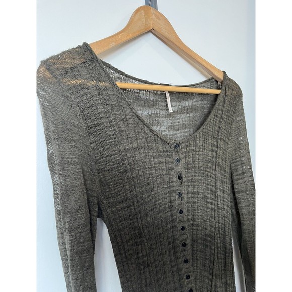 Free People Olive Green Button Front Gauzy Sheer Knee Length Dress Size … - Picture 3 of 8